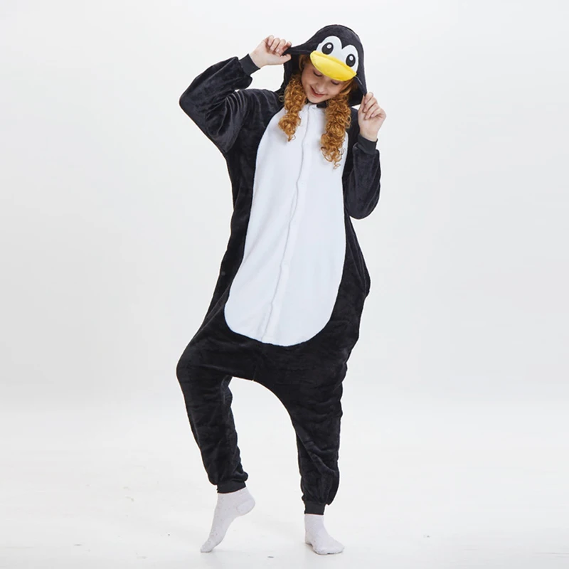 Animal Black Penguin Cosplay Costume Flannel Hooded One Piece Pajamas Set Christmas Anime Adult Kigurumi Women Men Onesie Pyjama