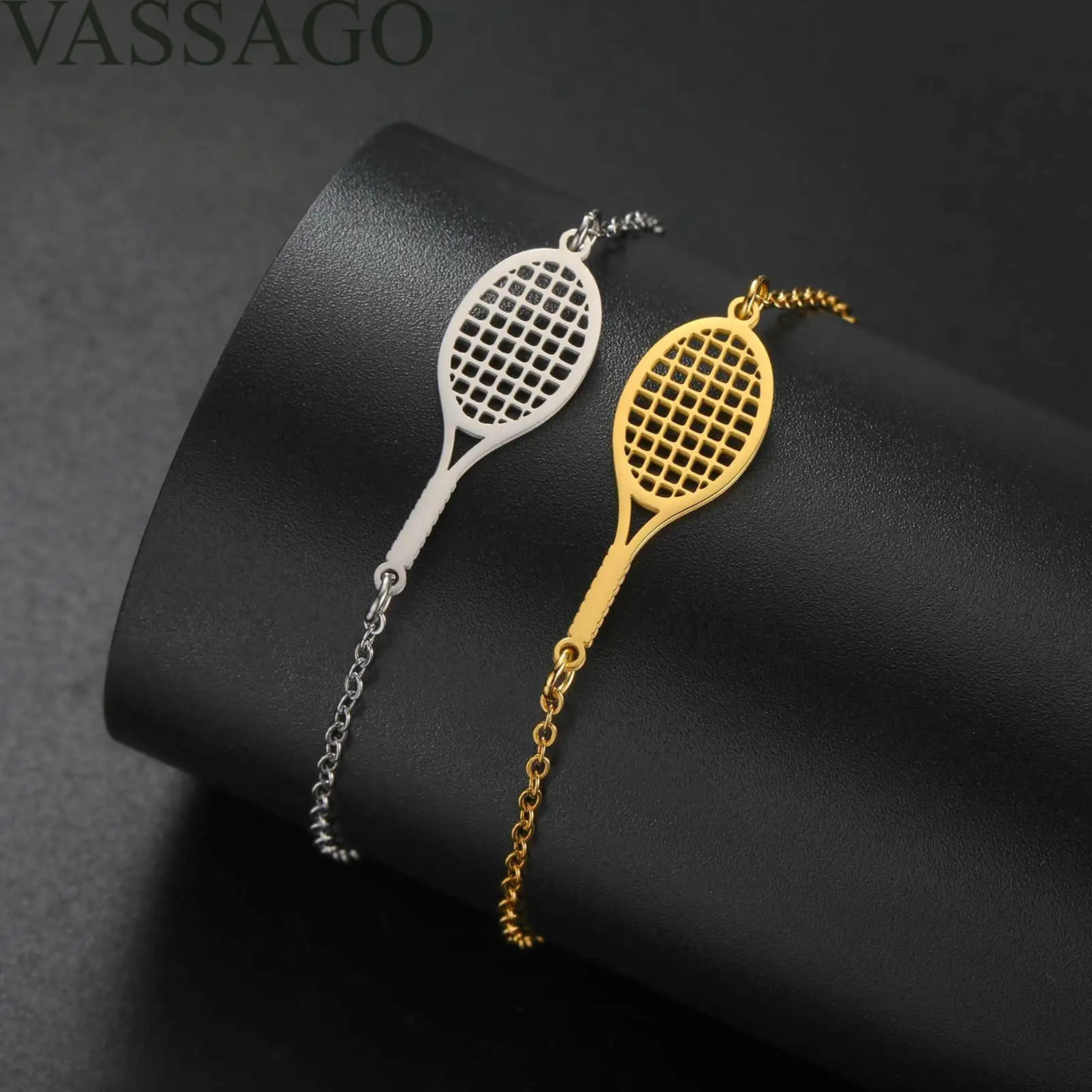 VASSAGO Tennis Racket Bracelet Dainty Adjustable Tennis Racket Charm Layering Sport Bangle Bracelet Lover Jewelry Tennis Gifts 2