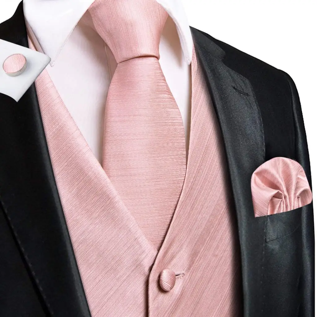 Hitie Rose Pink Solid Novelty Silk Mens Slim Waistcoat Necktie Set For
