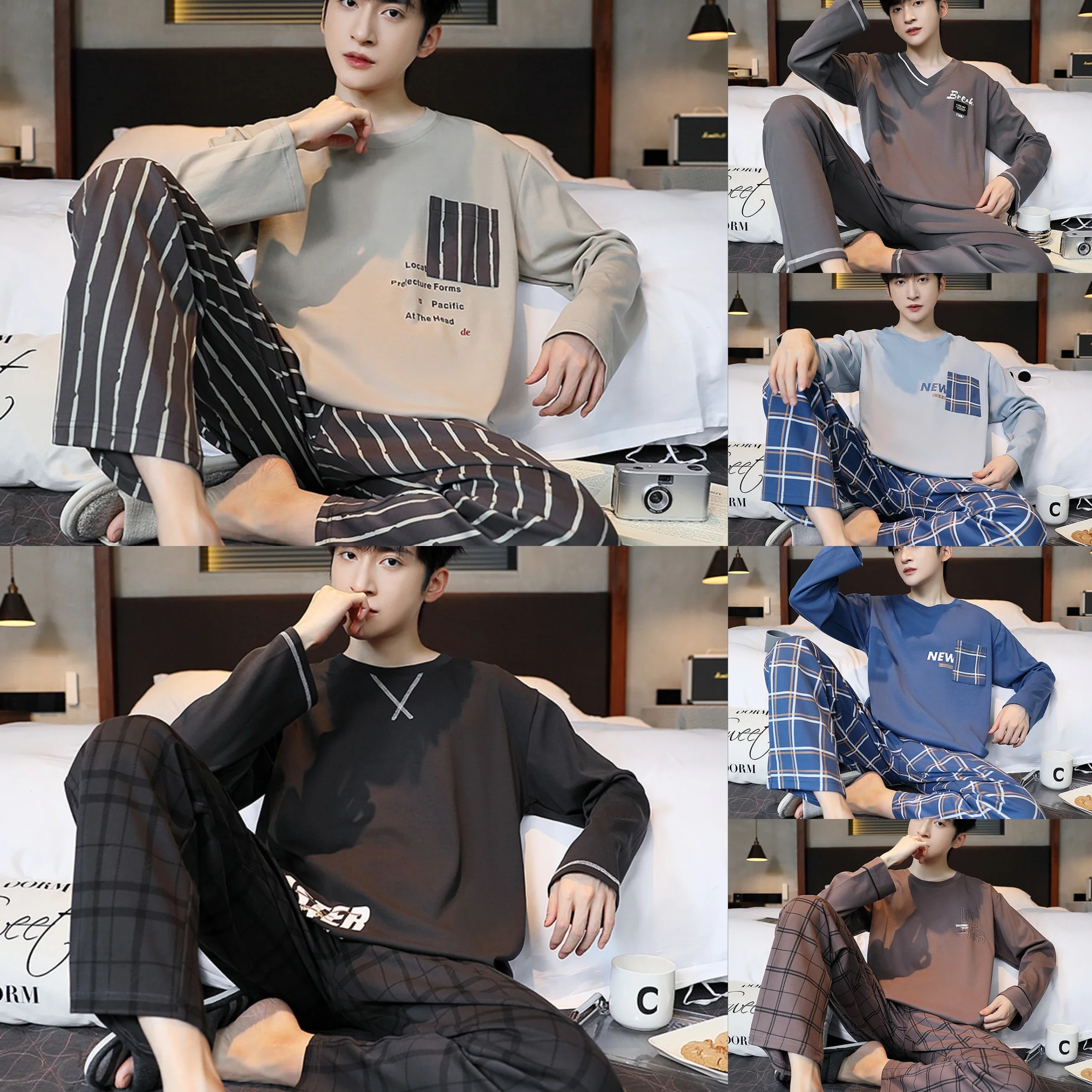 

Men's Pajamas 2 Sets Of Homewear Men's Spring And Autumn Long-Sleeved Trousers Cotton Leisure Autumn And Winter Homewear