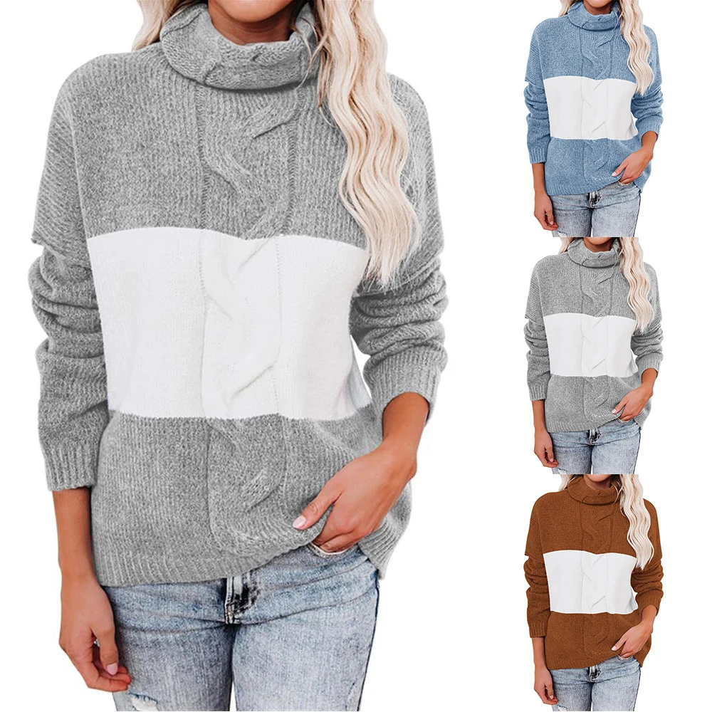 ladies cardigans 2022 Patchwork Color Sweater Women's Turtleneck Sweater Women's Long Sleeve Pullover Stripe Winter white sweater