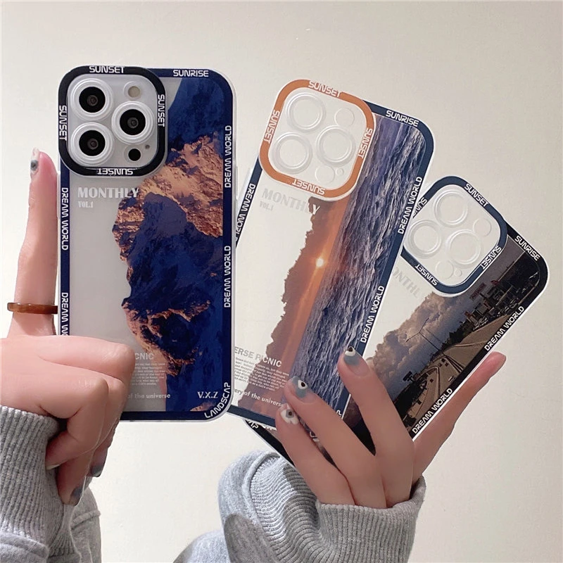 Snow Mountain Sunset Graffiti Phone Case For iPhone 13 Pro Max 12 11 XR XS Max X 7 8 Plus 13 Pro Clear Camera Protection Cover best case for iphone 12 pro max