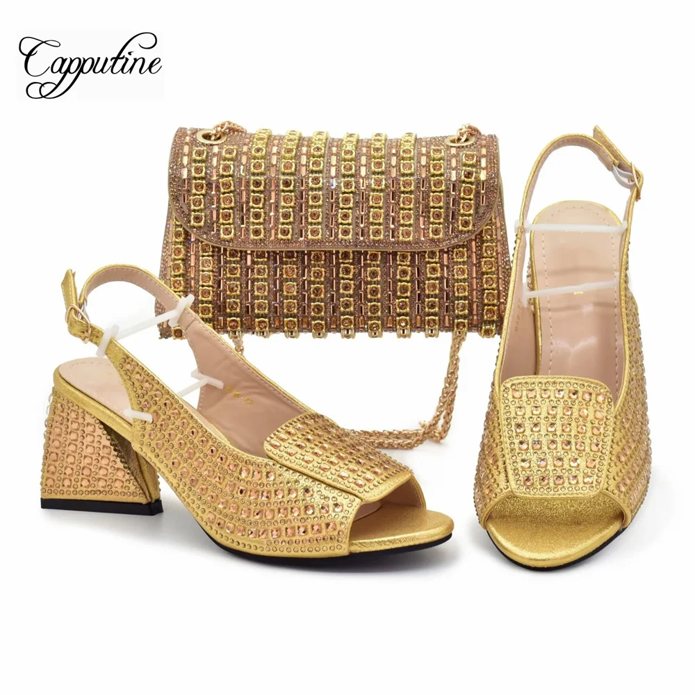 

Gold Women Shoes And Bag Set To Match Luxury African Ladies Summer Sandals With Handbag High Heels Femmes Sandales Clutch 938-77