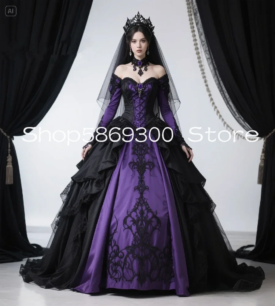 Black Purple Gothic Wedding Dresses Long Sleeve Medieval Renaissance ...