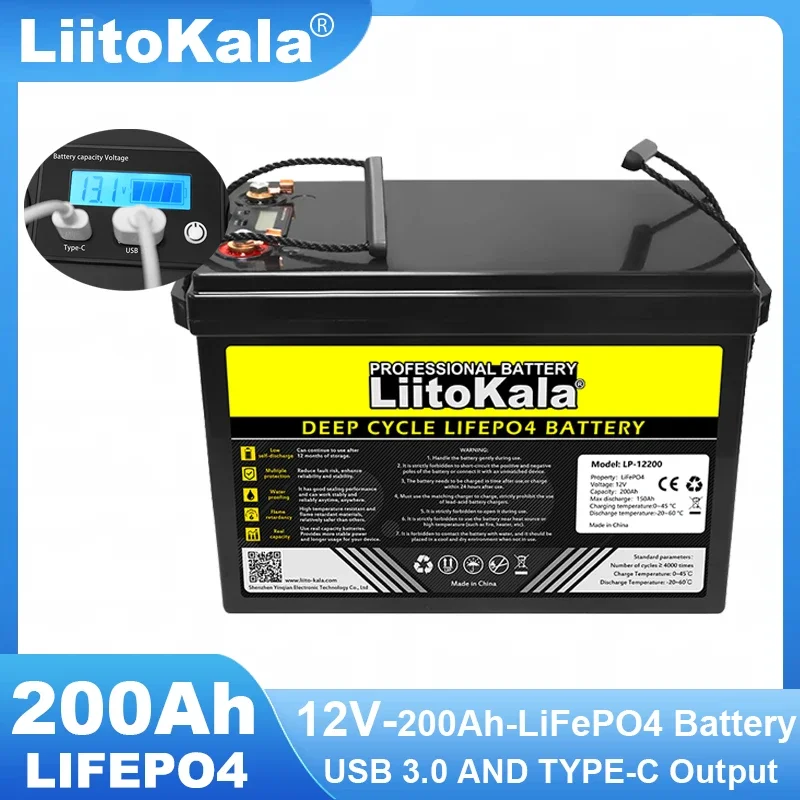 Liitokala-batería De Litio Lifepo4, 12v, 200ah, 4s, 12,8 V, 200ah, Con  Pantalla De Voltaje, Inversor, Barco, Carrito De Golf, Ups, 1200w -  Paquetes De Pilas - AliExpress