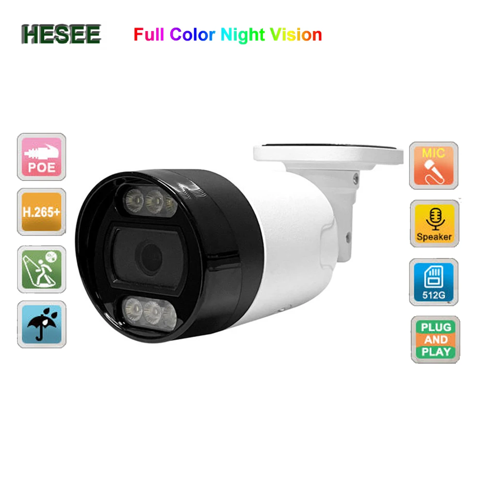 

HESEE CCTV IP Camera Outdoor POE Surveillance Cameras 5MP 4MP 512GB Card H.265+ Network Full Color IR Night Vistion Audio Mic