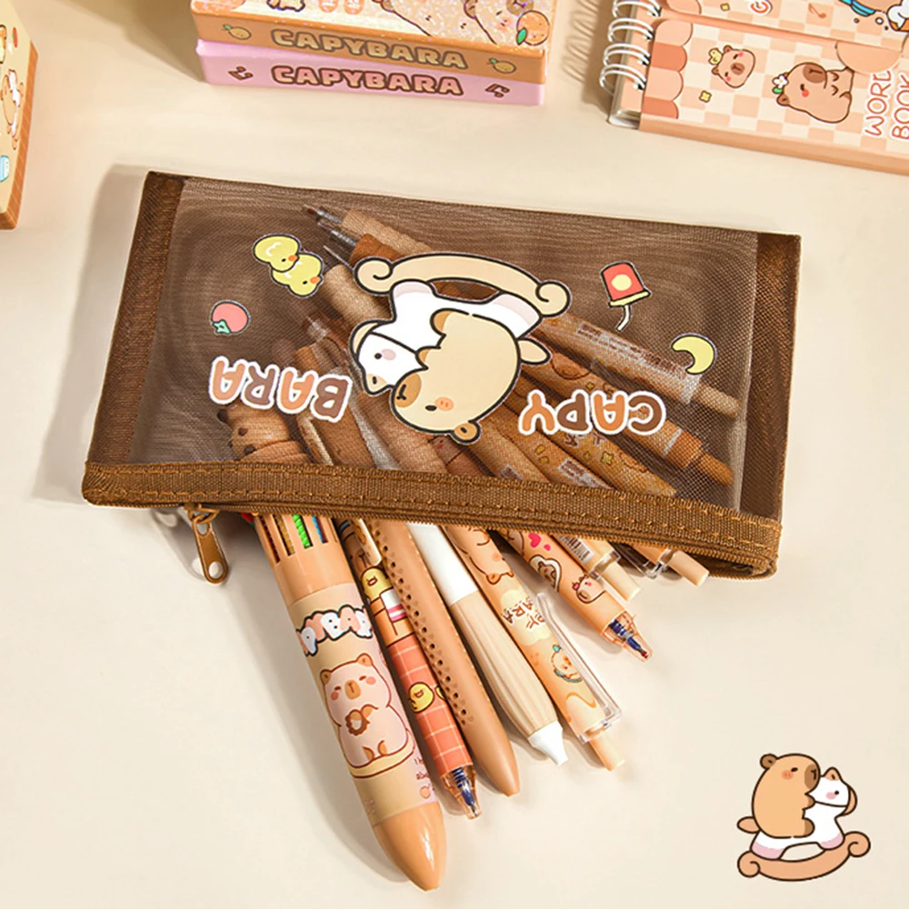 Cartoon Mesh Capybara Cosmetic Bag Large Capacity Transparent Pencil Bag Case Portable Travel Organizer Stationery Storage Pouch