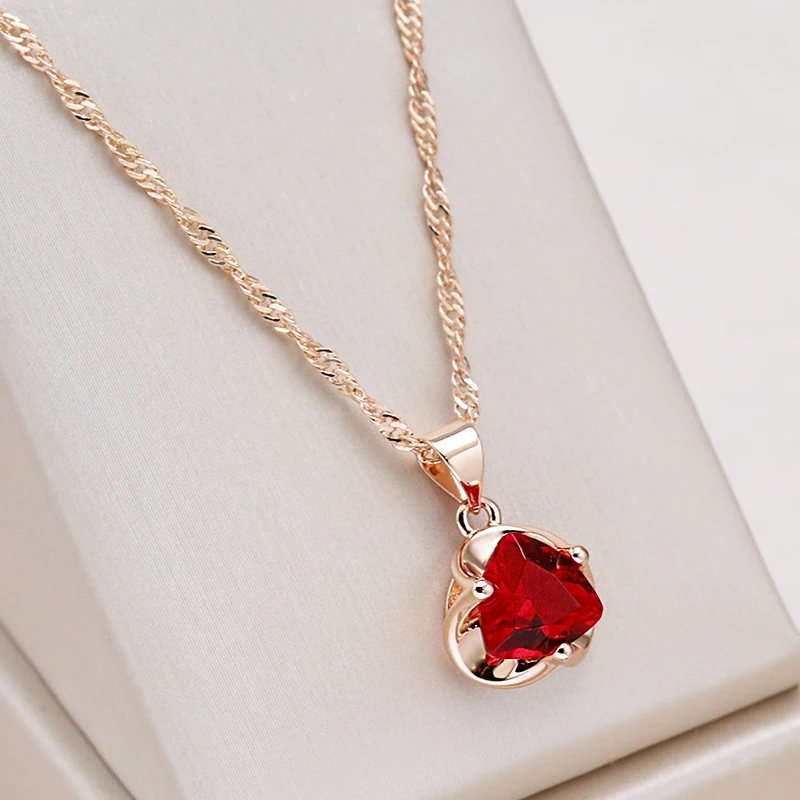 Kinel New Romantic Red Natural Zircone Collana Per Le Donne 585 Rose Gold Luxury Couple Gift Ciondolo Semplice Daily Fine Jewelry