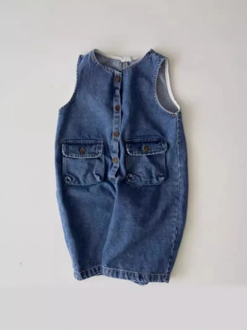 2024 Summer New Baby Sleeveless Jumpsuit Toddler Vintage Pocket Overalls Infant Girl Denim Strap Trousers Boy Casual Pants 0-24M