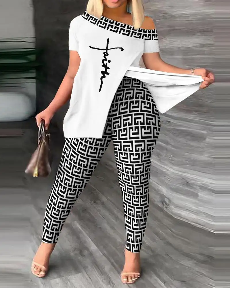 

Women's Summer Fashion Geometric Print Short Sleeve Suit Set Femme Casual Sporty 2Pcs Set One-Shoulder Split Hem Tops +Pants Set
