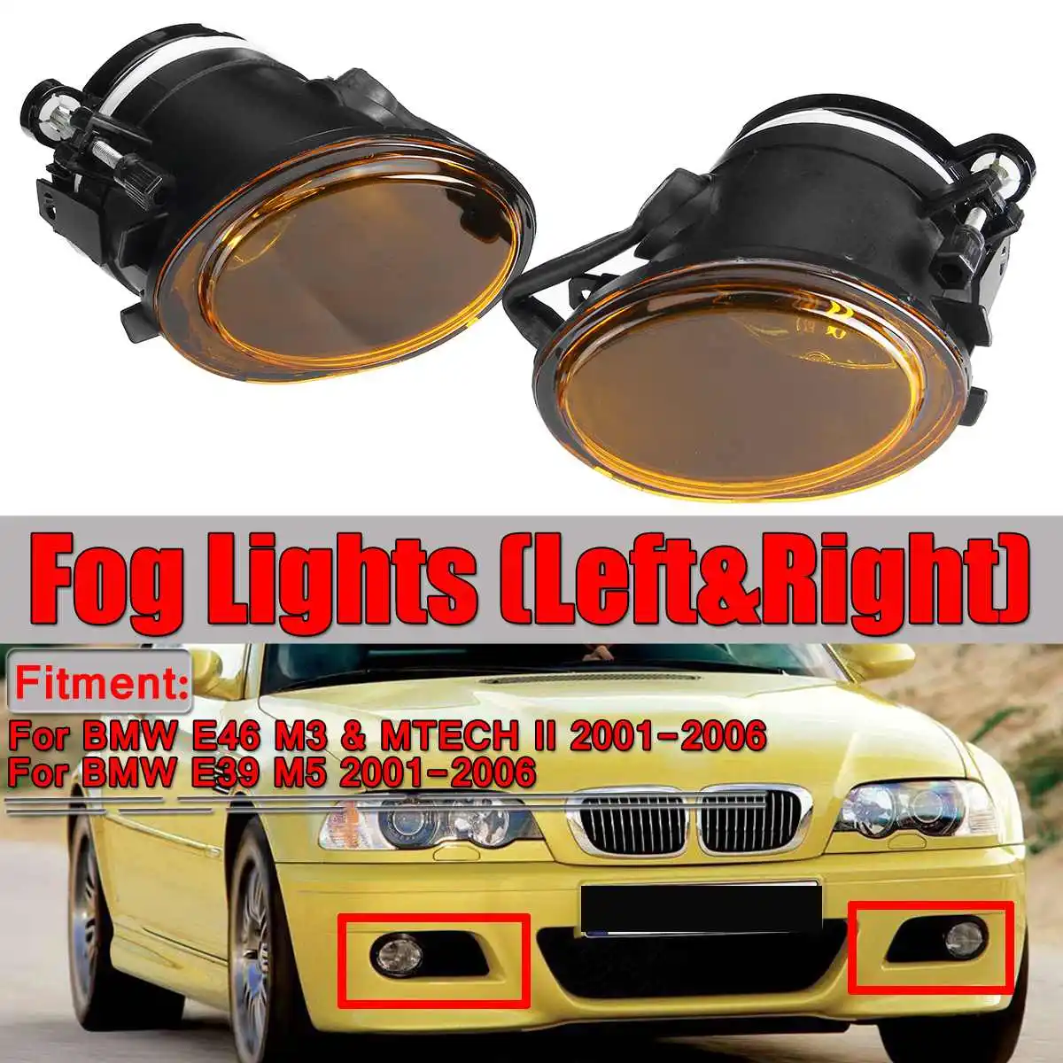 2Pcs Car Front Fog Lights Fog Lamp Yellow Replacement For Bmw E46 M3 Mtech Ii E39 M5 2001-2006 63177894017 63177894018 No Bulbs