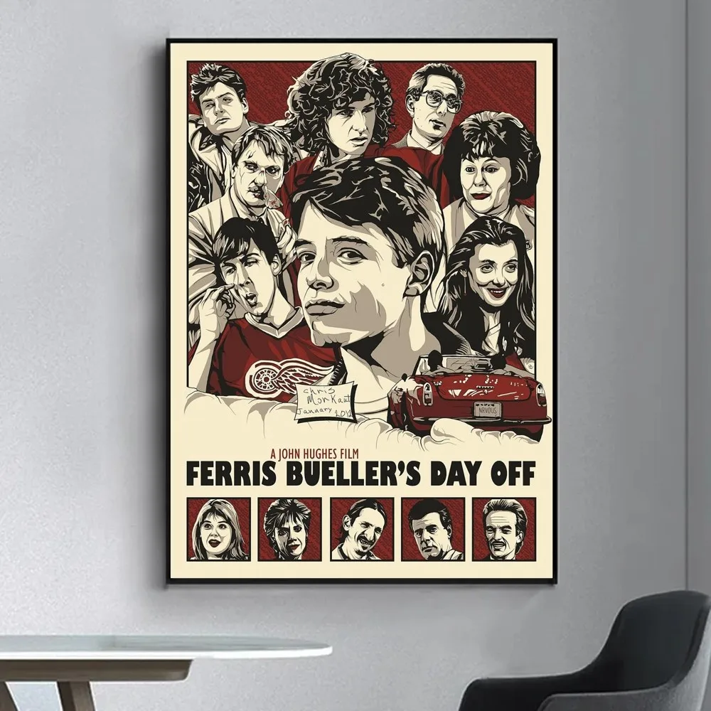 Ferris Buellers Day Off 클래식 영화 포스터, 멋진 포스터 벽 스티커, 거실 바 빈티지 장식 페인팅, 중간