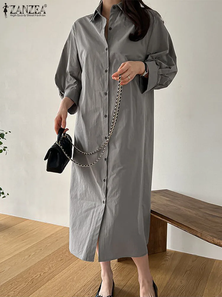 

2023 ZANZEA Women Elegant Autumn Lapel Neck 3/4 Sleeve Loose Vestido Casual Solid Party Midi Sundress Kaftan Long Shirt Dress