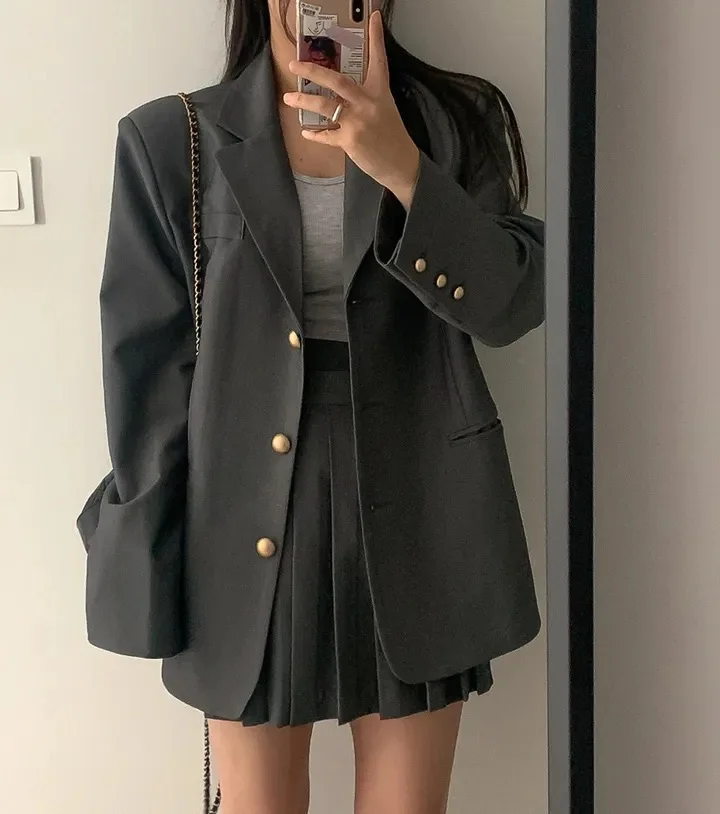 Korean Chic Two-piece Skirt Set Women Single Breasted Blazer Loose Jacket Solid Pleated Mini Skirt Autumn Office Lady Outfits