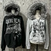 Subculture Faux Coats Women Graphic Jacket with Hooded Fleece Fur Hoodie Edgy American Retro Street Style and Y2K Fashion Top