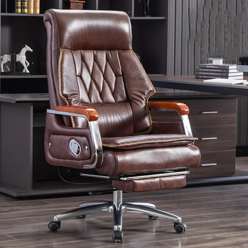 Vintage Leather Office Chair Full Body Roller Swivel Armrest Elastic Office Chair Very High With Footrest Sillas Chair Office