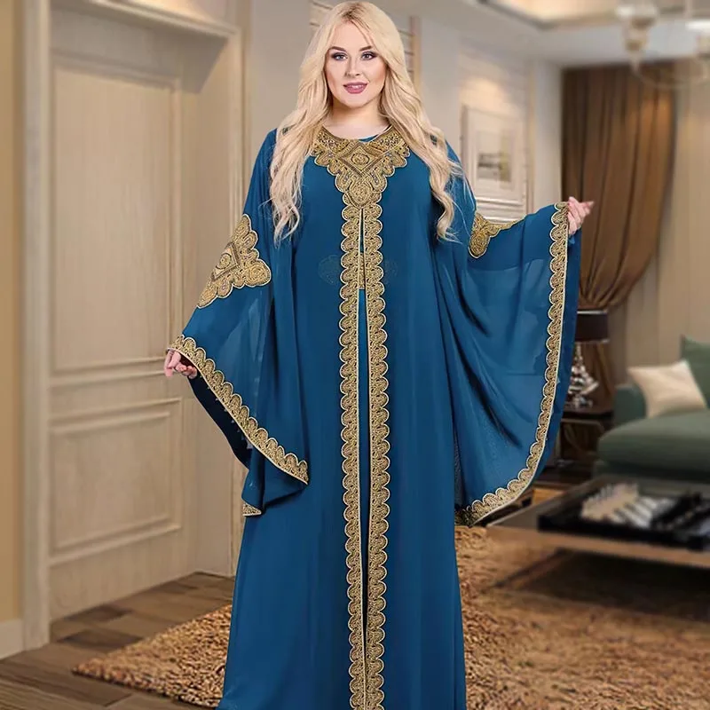 

New Abaya Elegant Muslim Party Dresses for Women Caftan Eid Flare Sleeves Robe Embroidered Gold Lace Dress Suit Jalabiya Ramadan