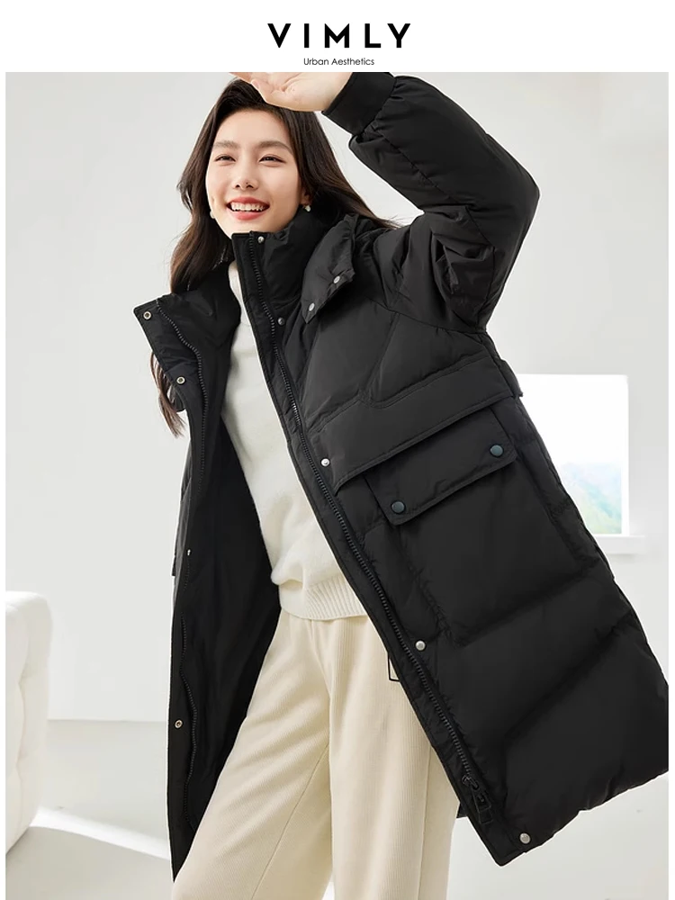 Vimly Lightweight Long Down Coat Women 2023 Winter Warm Hooded Stand Collar Zipper Straight Puffer Jacket Female Outerwear 50673