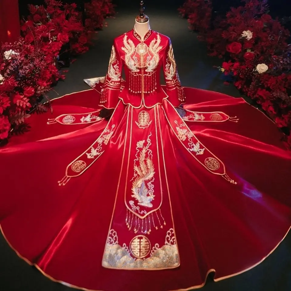 

Yourqipao Heavy Beaded Xiuhe Clothing Women Chinese Wedding Dresses Dragon and Phoenix Bridal Gown Ancient Sets Large Size Bride