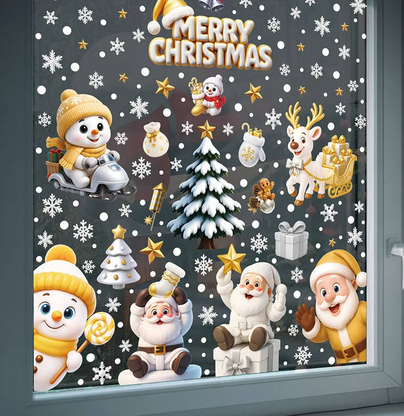 Set of 4 Christmas Static Cling Stickers Gold Reindeer Snowman Snow House Wreath Window Decals Complete Holiday Decorations Kit