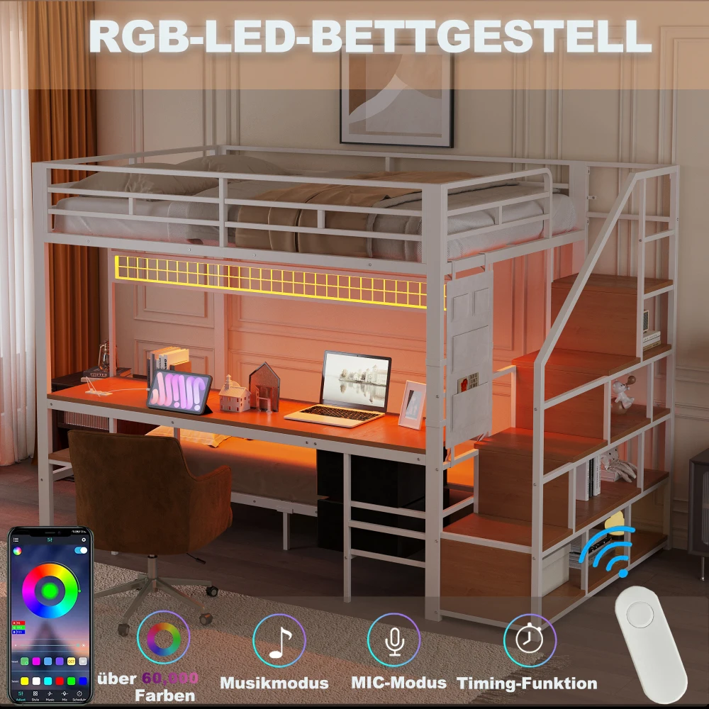 Metall-Etagenbett, Multifunktionsbett mit Schreibtisch, LED, Steckdosen, offenem Stauraum und Stoffschubladen, 140*200 cm und 90*200 cm – Detail 21