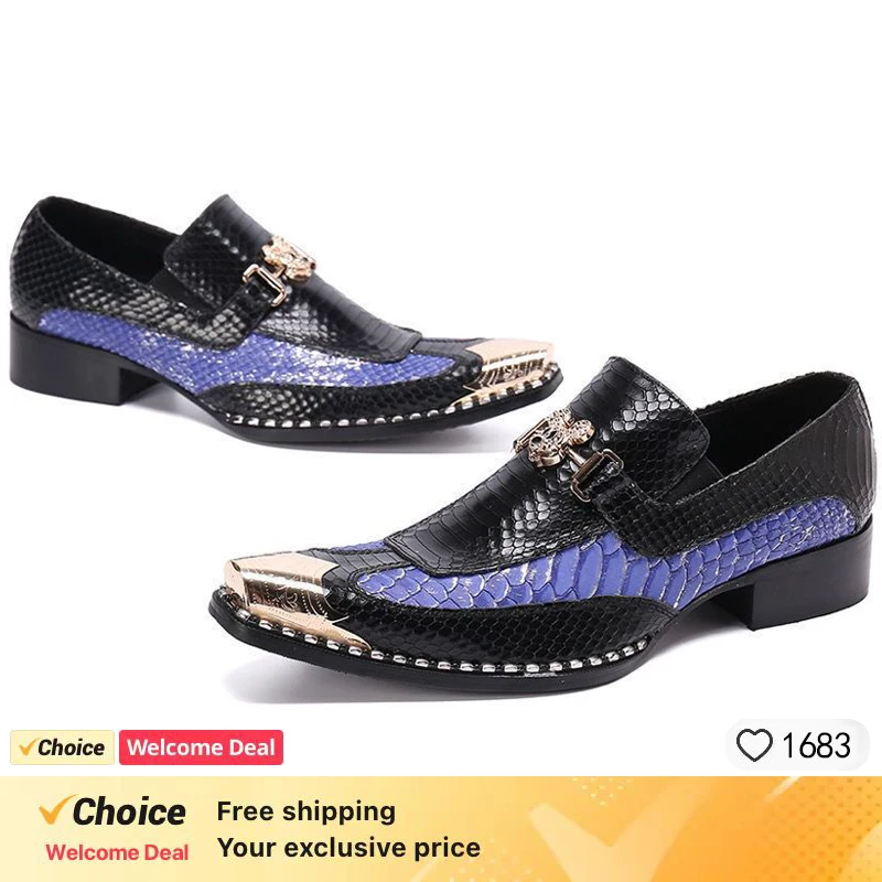 Metal Tip Genuine Leather Men Dress Shoes Snakeskin Evening Party Wedding Shoes Hairdress Sexy Gold Handmade Pointed ToeOxford