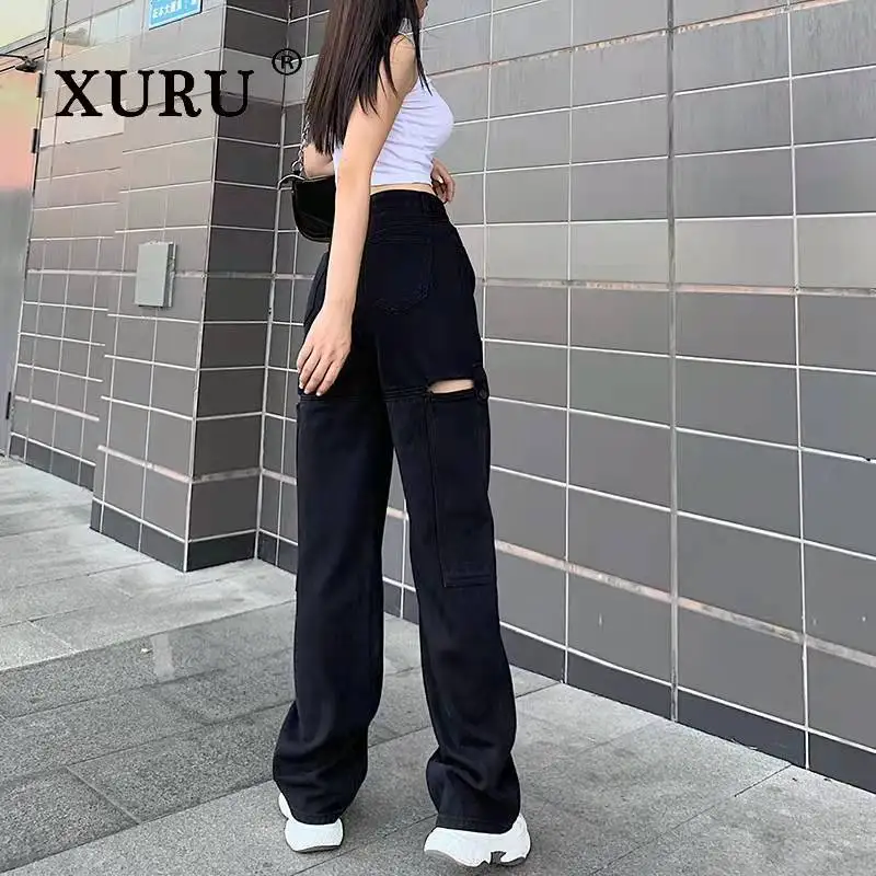 XURU - Europe and The United States New Pocket Jeans Women, Solid Color Loose Straight Hollow Pants Long Jeans N5-1004