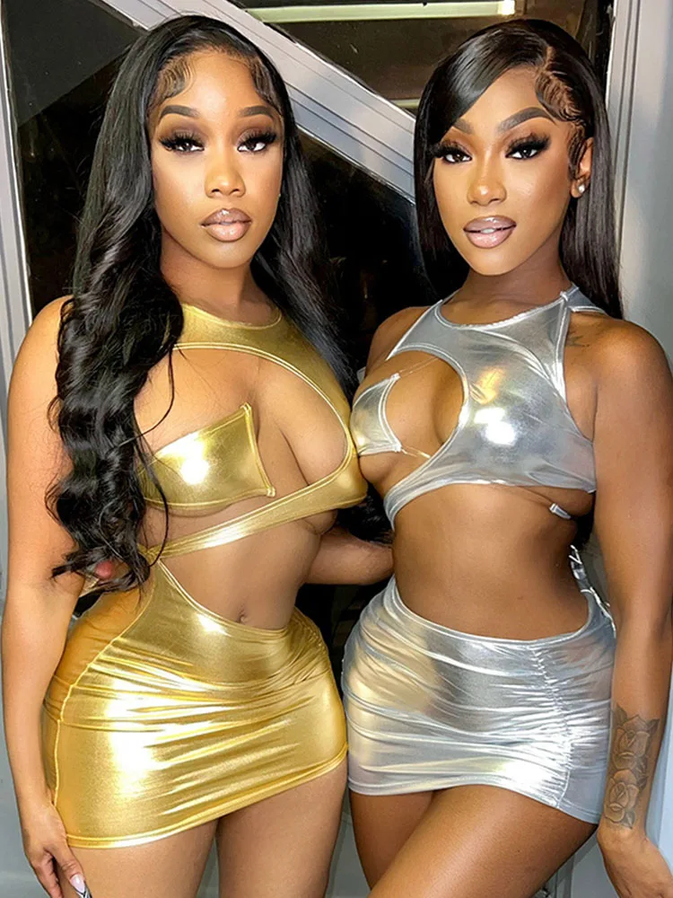 Hollow Out Bodycon Dress For Women Y2k Clothes O-Neck One-Pieces Sexi Night Dress Hot Club Outfit Metallic Mini Vestido De Mujer