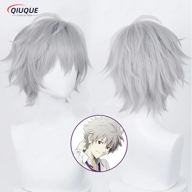

Kaworu Nagisa Cosplay Wig 32cm Short EVA Kaworu Nagisa Silver GreyHigh Quality Heat Resistant Hair Anime Wigs + Wig Cap