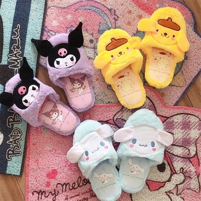 

Новинка 2024, плюшевые домашние хлопковые тапочки Sanrio Kawaii Demon Kuromi Cinnamoroll Purin для осени и зимы, Симпатичные Нескользящие тапочки для девочек