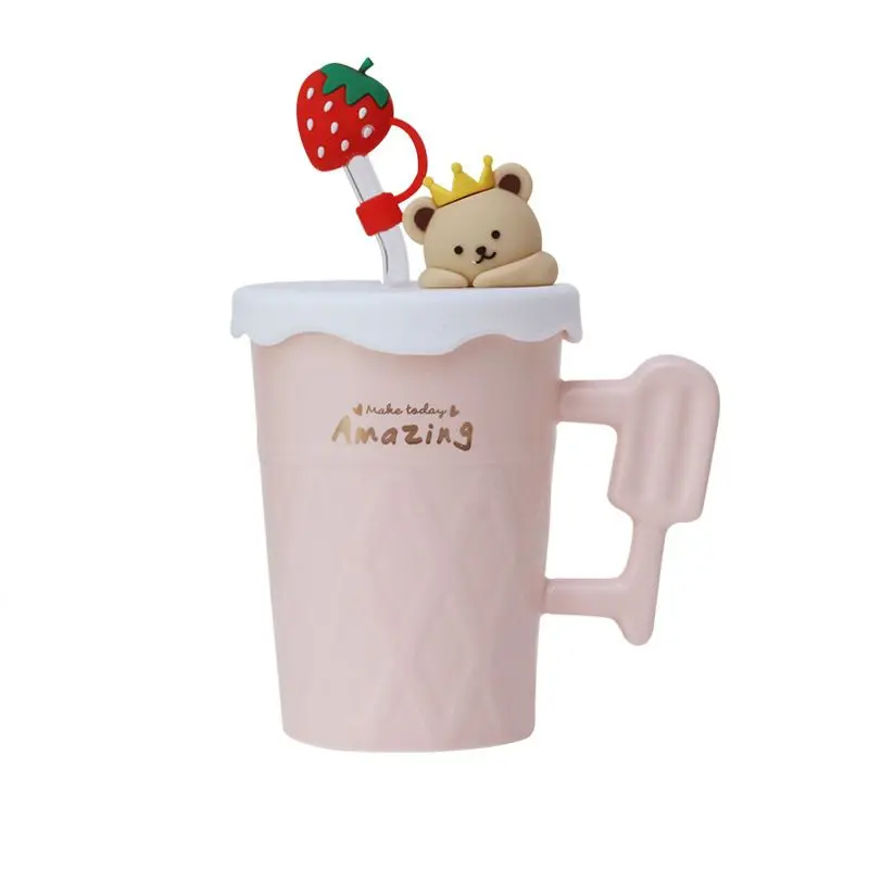 

Кружка для девушек, высокая стоимость, искусственная кожа, с крышкой, ложка, соломинка, с ручкой, керамическая Подарочная коробка, чашка для завтрака и молока