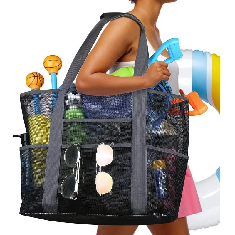 

8 Pockets Summer Large Beach Bag For Towels Mesh Durable Beach Bag For Toys Waterproof Underwear Pocket Beach Tote Bag