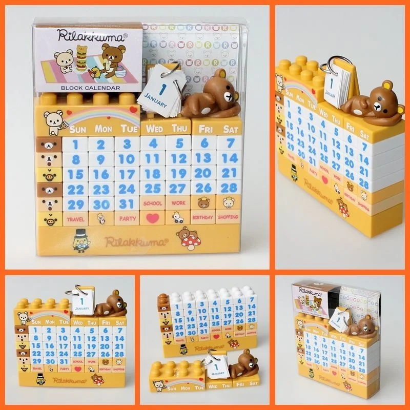 Cute Rilakkuma Kawaii DIY Building Blocks Perpetual Calendar Anime Desktop Calendar Table Decoration Gift
