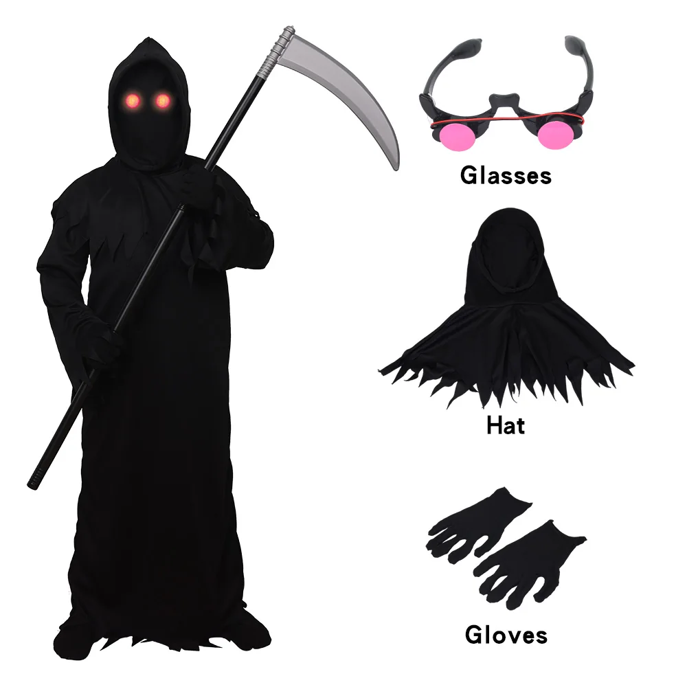 

Carnival Kids Grim Reaper Costume with Glowing Red Eyes Sickle Scary Ghost Death Dark Messenger Phantom Cosplay