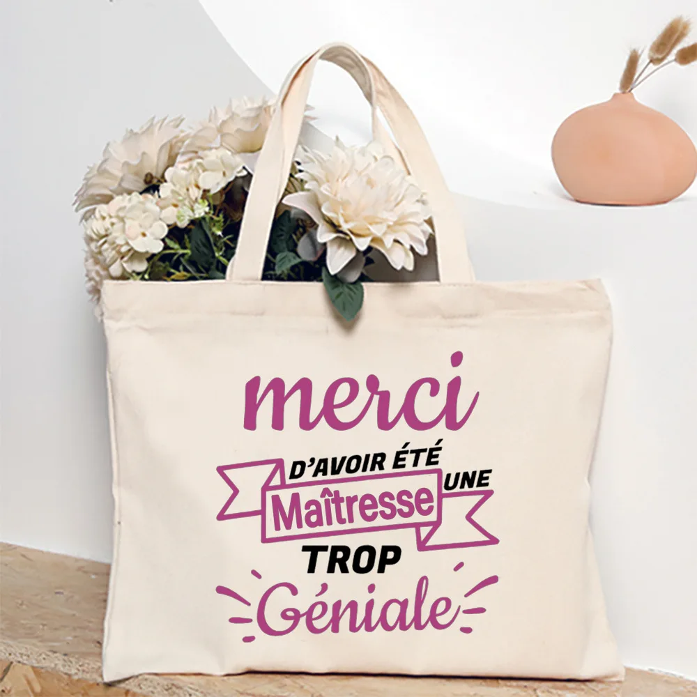 Thank You Teacher French Print Women Shoulder Bag CanvasShopping Bags Female Handbags Reusable Tote Bag Best Gifts for Maitresse images - 6