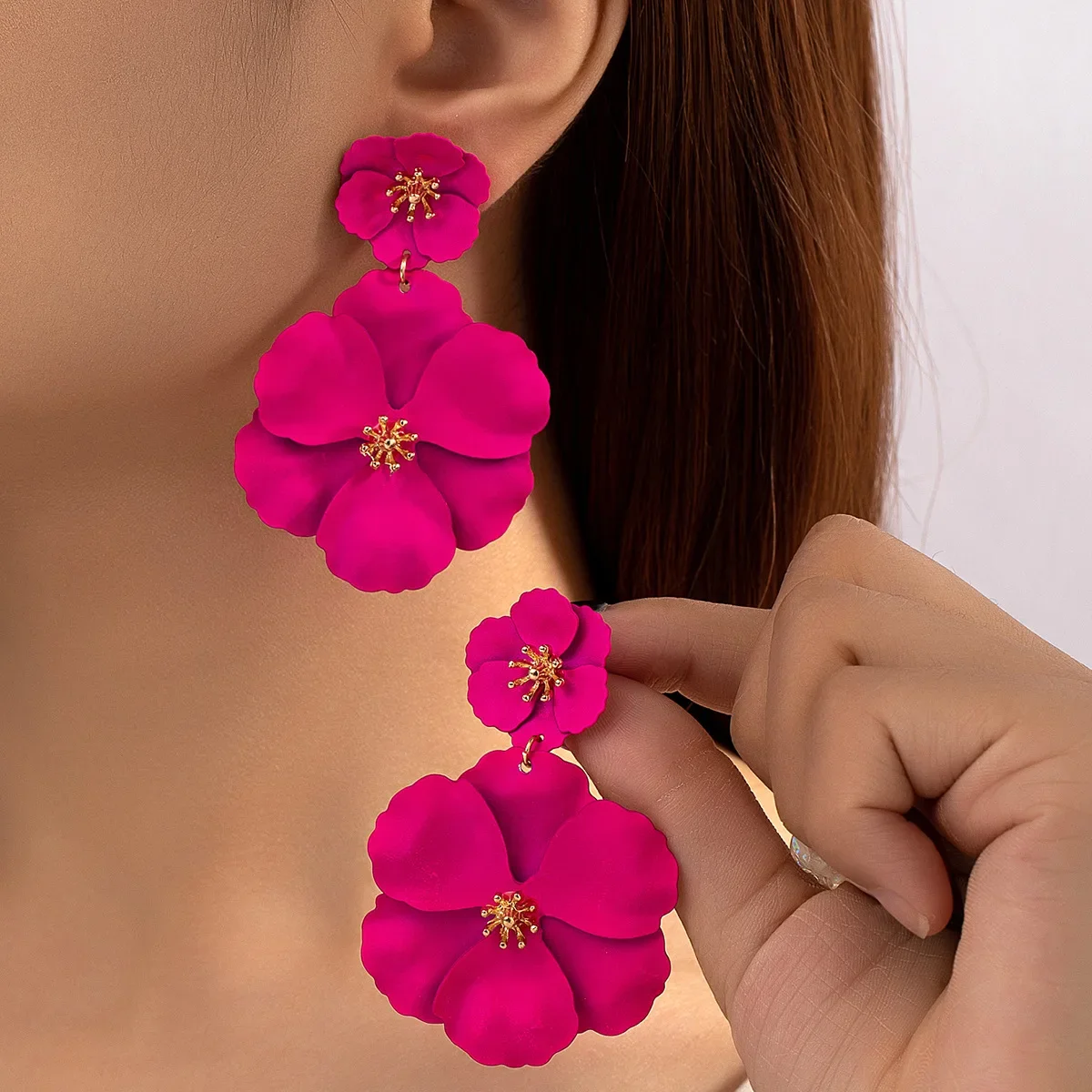 

Korean Fashion Big Flower Drop Earrings for Women Wedding Vintage Long Colorful Double Layer Enamel Floral Post Earring 2023 New