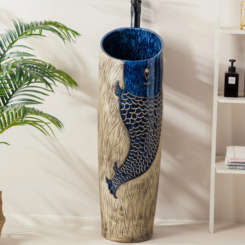 

Hand painted creative column wash basin vintage outdoor pool basin villa courtyard integrated