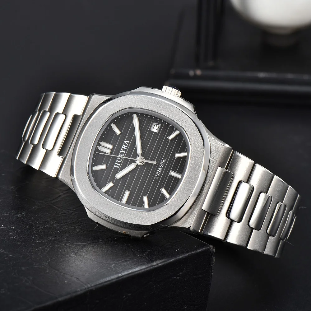 HUAYRA42MM square NH35 movement automatic mechanical men's black dial watch stainless steel unfolding buckle rotating bottom