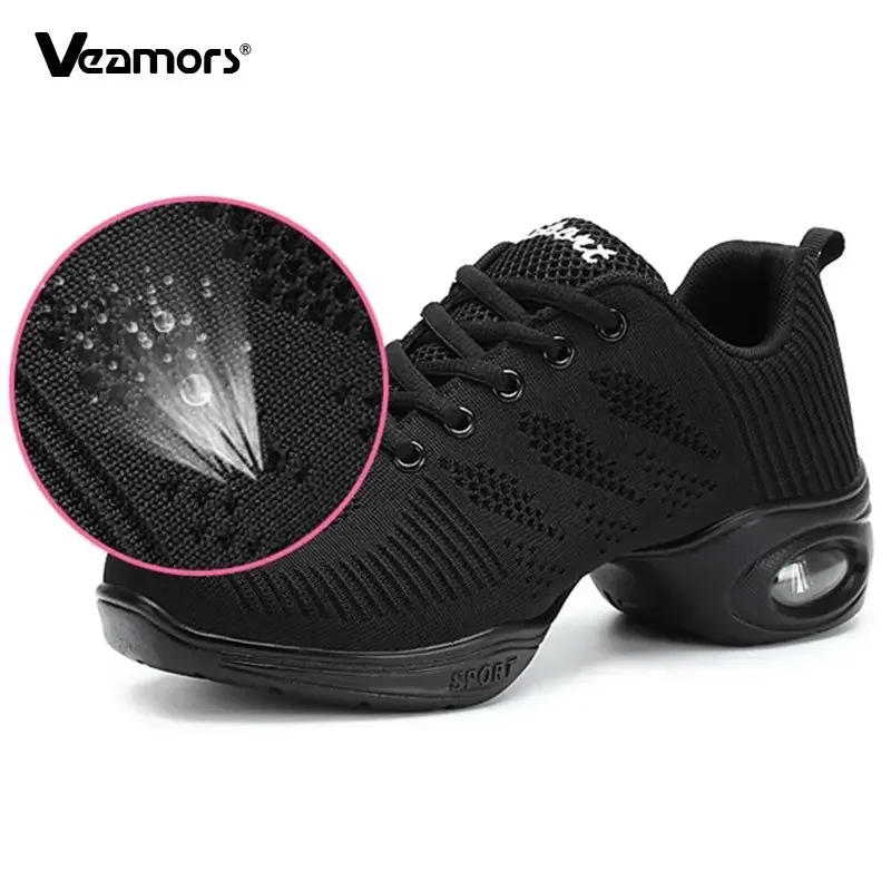 Women PU Soft Outsole Sneakers Comfortable Dance Shoes Breath Woven Mesh Modern Jazz Sports Feature Dance Sneakers