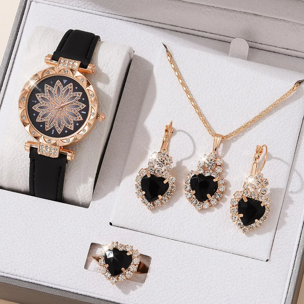 

5PCS Set Watch For Women Luxury Leather Analog Ladies Quartz Wrist Watch Fashion Bracelet Watch Set Female Relogio Feminino