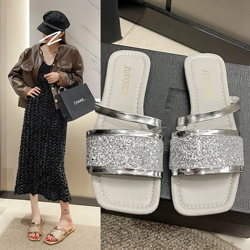

2023 New Women's Shoes Summer Flats Casual Flip Flops Dress Shallow Female Slides Rome Open-toe Slippers Women Slingback Sandals