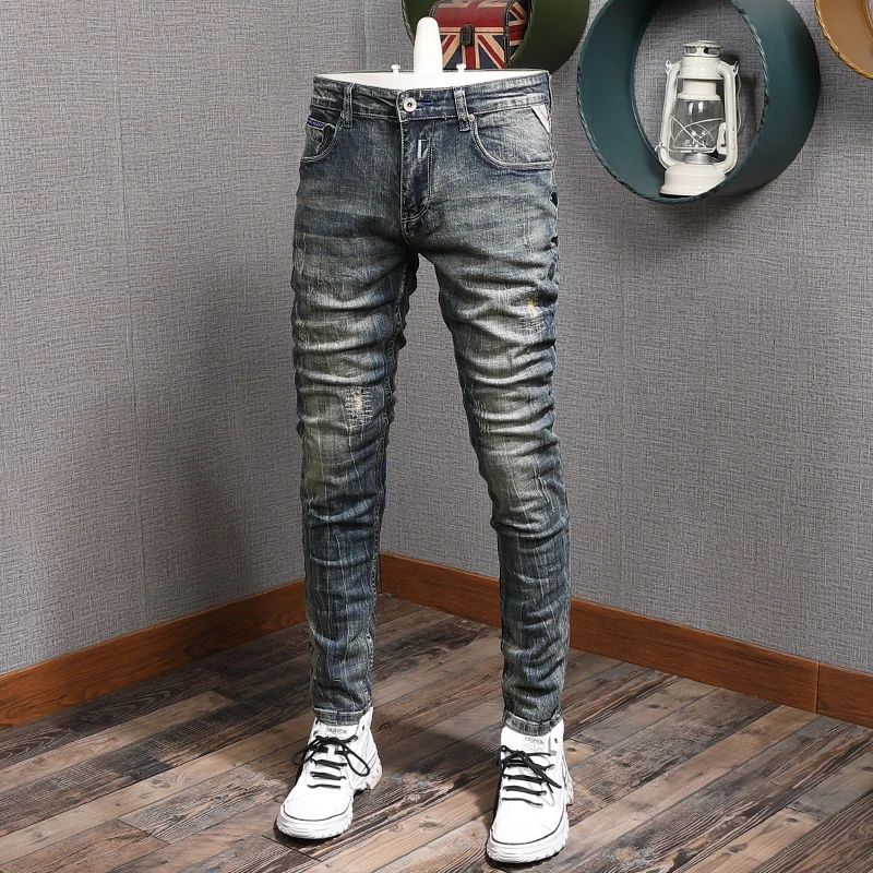 Streetwear Fashion Men Jeans Retro Blue Elastic Slim Fit Vintage Ripped Jeans Men Printed Designer Hip Hop Denim Pants Hombre italian brand vintage fashion men jeans retro blue slim fit ripped jeans men streetwear painted designer hip hop denim pants