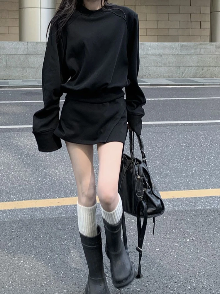 

ADAgirl Kpop Stand Collar Zip Up Hoodie Women Oversize Slim Irregular A-LINE Mini Skirts Sports Casual 2 Piece Set Women Clothes
