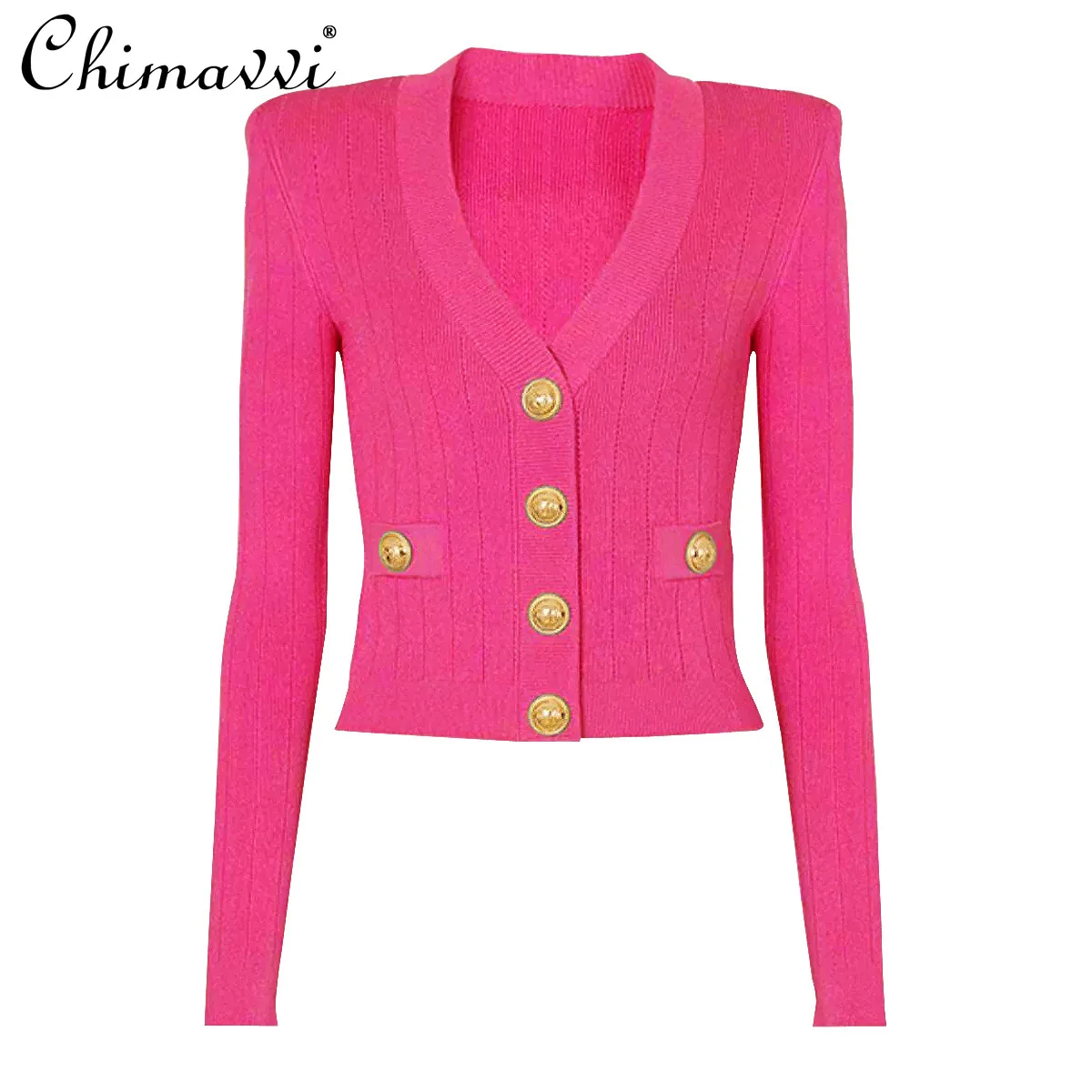 

2024 Spring Autumn New Fashion Classic Long Sleeve Single-Breasted Sweater Coat Slim V-Neckline Elegant Women's Knitted Cardigan