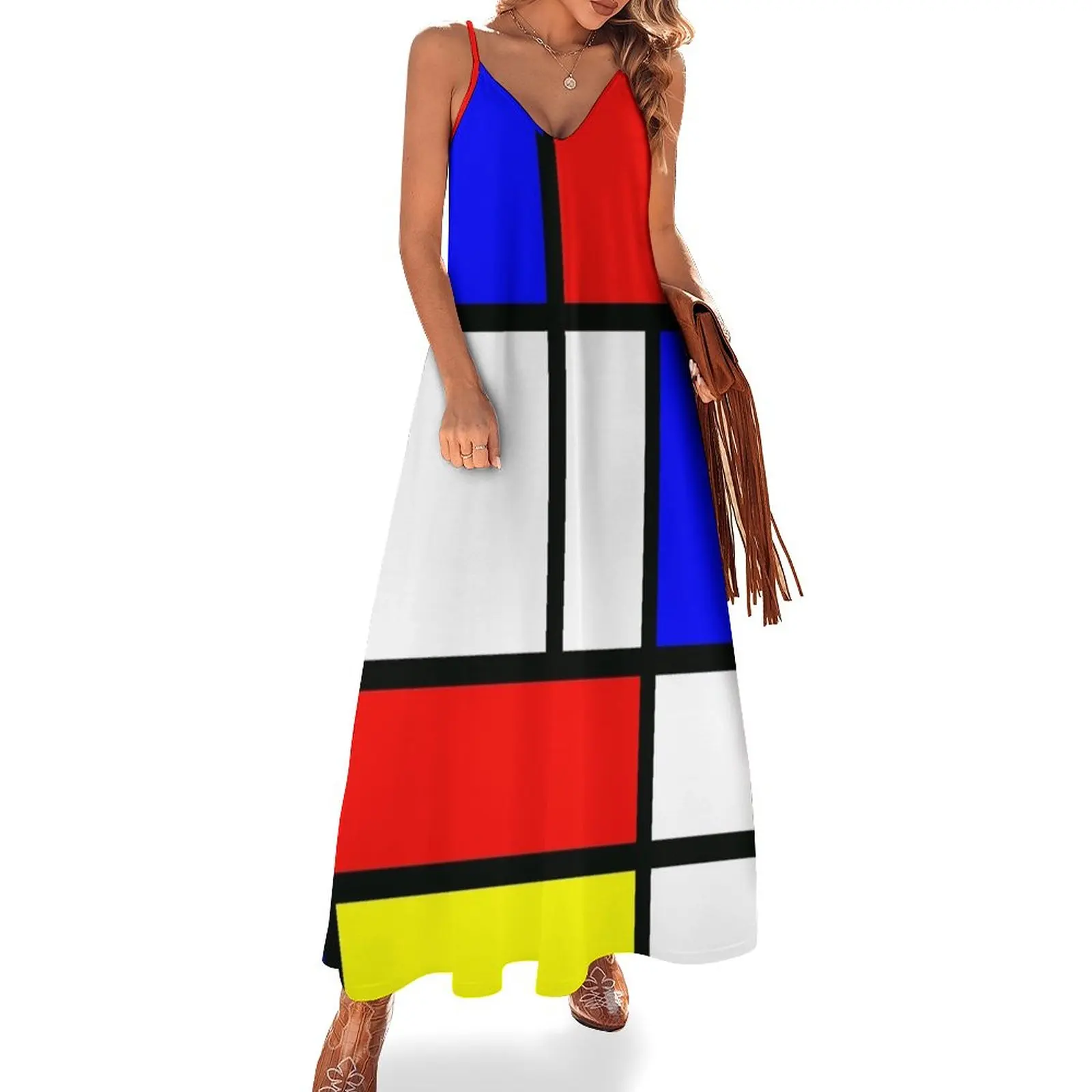 

Piet Mondrian "Composition 2" | Color Block with Red Yellow and Blue Sleeveless Dress Women's summer long dress Woman fashion