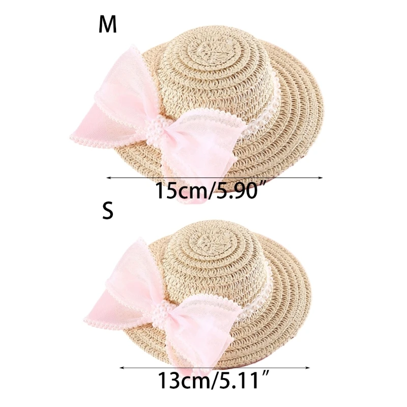 Pet Straw Hat Elegant Dogs Straw Hat with Pearl Bowknot for Spring Summer 090C images - 6