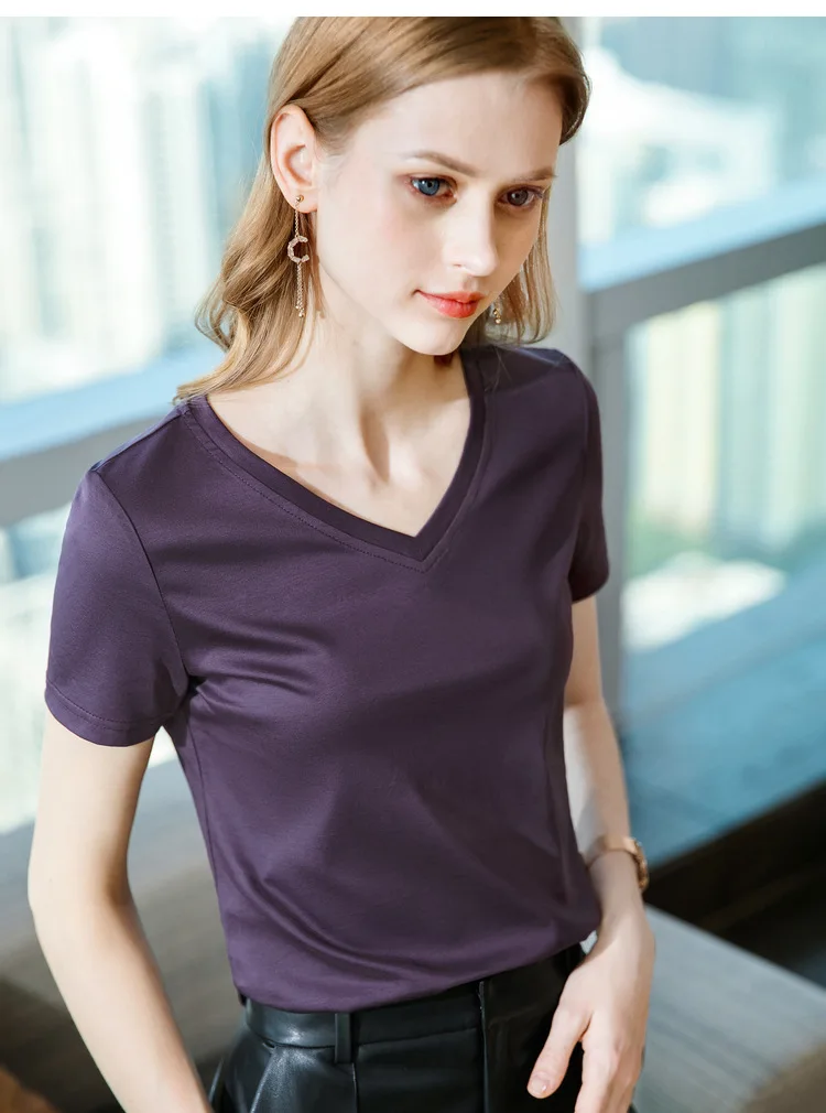 Ice Sensitive Silk Cotton V-neck Short Sleeved T-shirt for Women's Solid Round Neck Basic Commuting Elastic Oversized Top