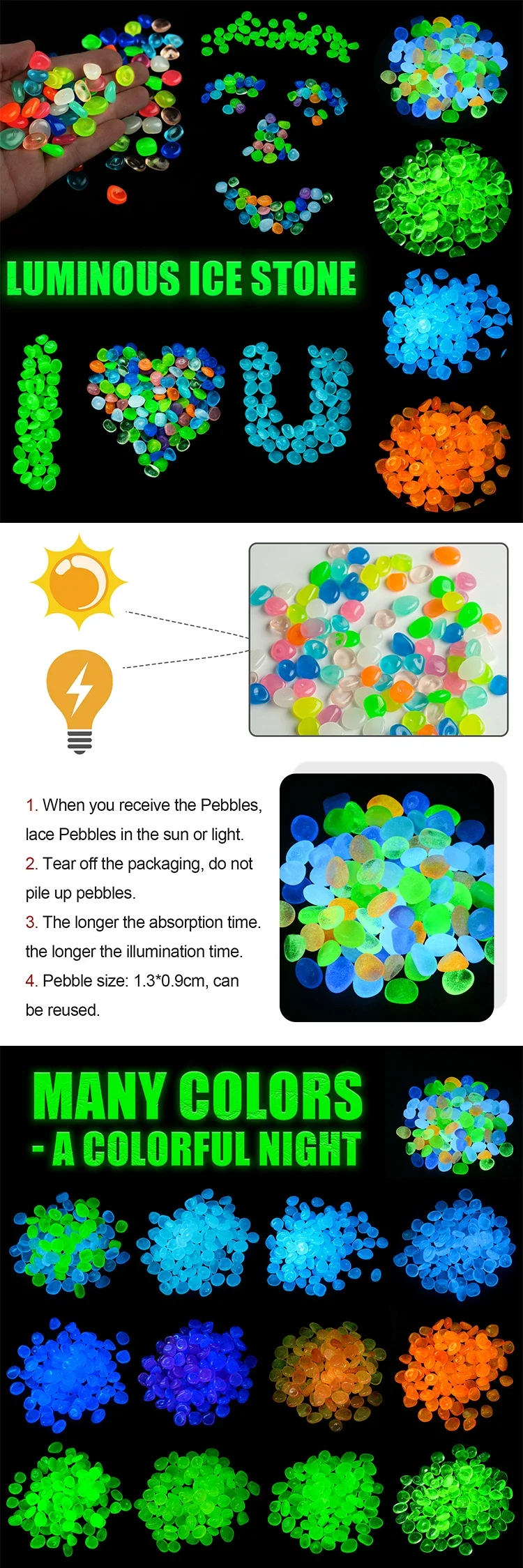 Description Picture 3 of item200Pcs Glow in the Dark Garden Pebbles For Sidewalk Garden Terrace Lawn Garden Patio Fish Tank Aquarium Decoration Glow Stone