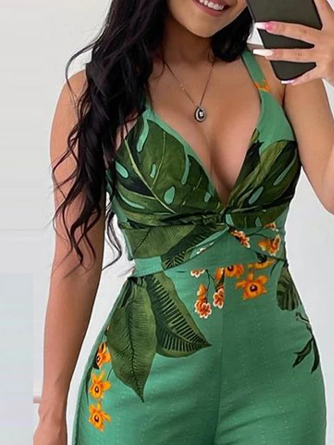 Vacation Fashion Women Sexy One Piece Summer Over Size V-Neck Tropical Floral Print Twist Design Wide Leg Jumpsuit 5
