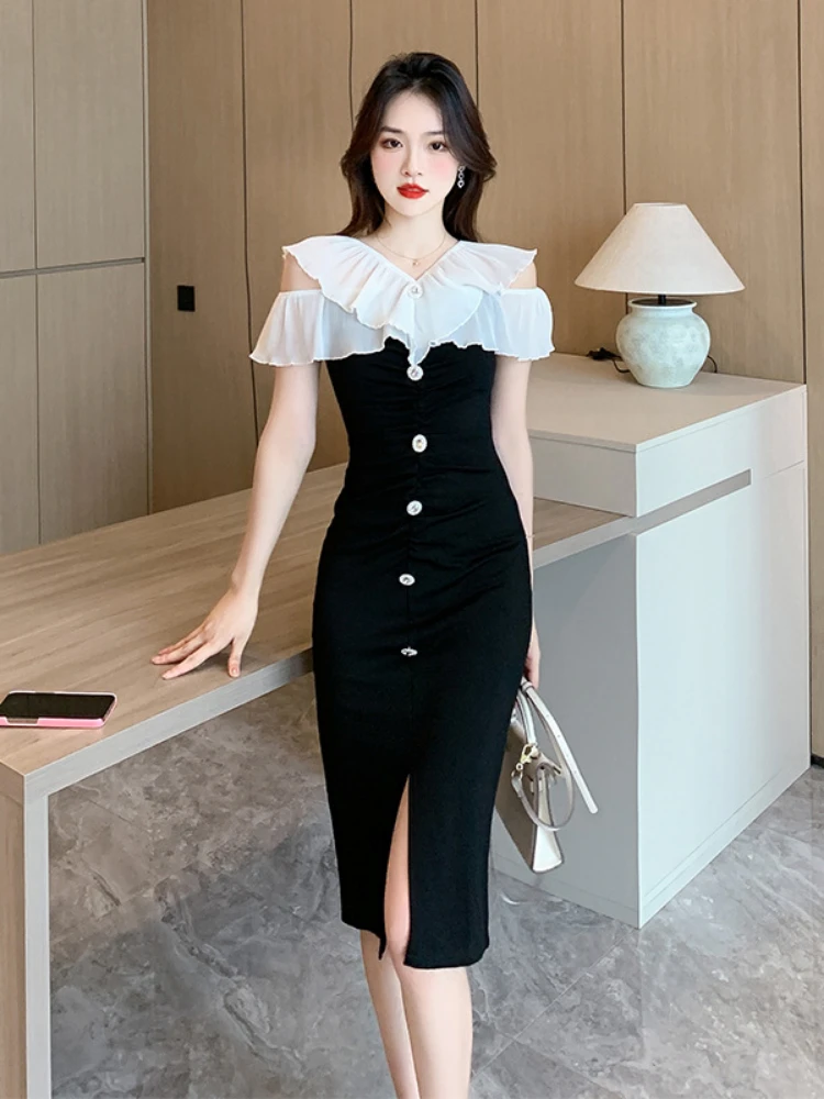 

French temperament V-neck dress 2023 summer new fashion flanged slimming pleated hip wrap MIDI skirt